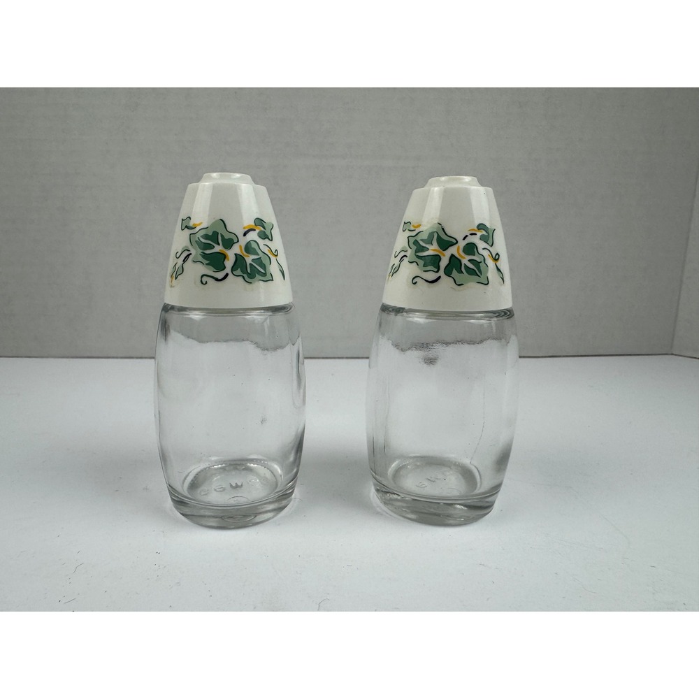 Vintage Gemco Glass Salt and Pepper Shakers Green Ivy Leaf Pattern White Lids